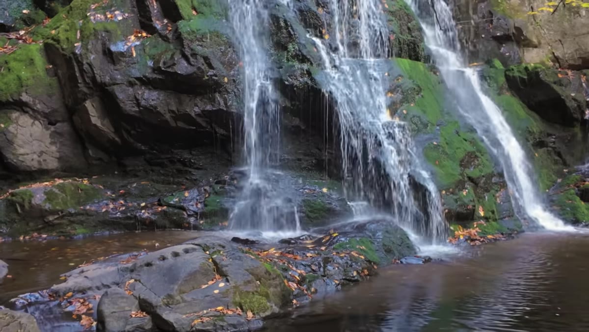 Mark examining the still, dark water area at the base of the falls