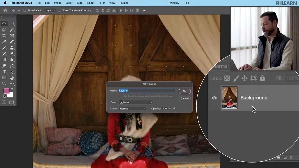 Background layer being double-clicked to unlock it in Photoshop
