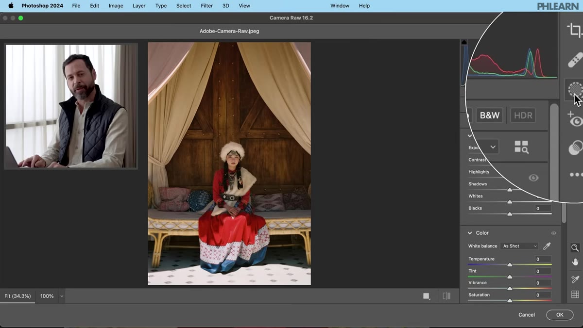 Subject selected with mask overlay visible in Camera Raw
