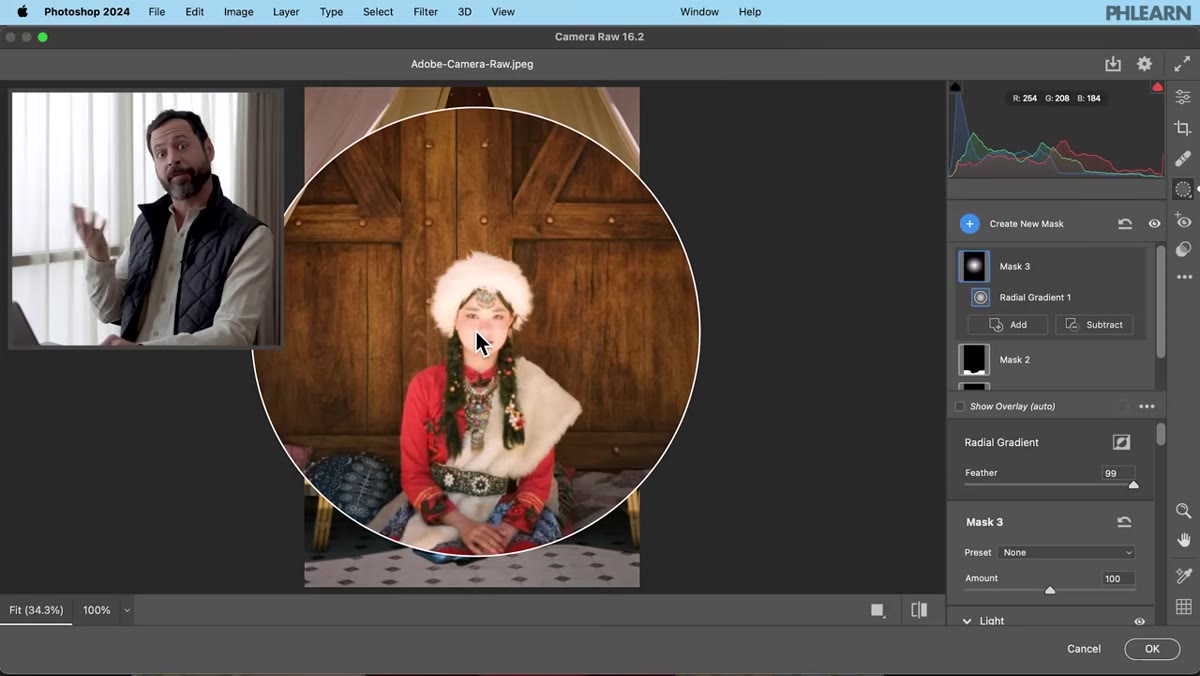 Subtract option being used to remove subject from radial gradient mask