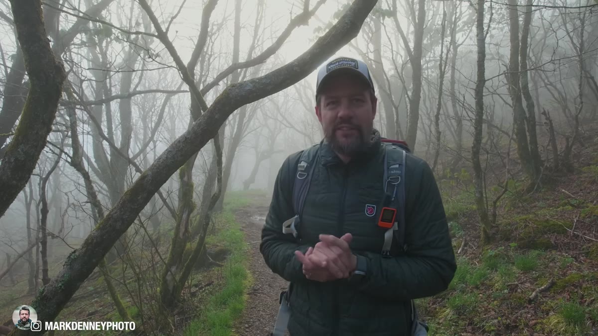 Denney arriving at foggy mountain location in early morning