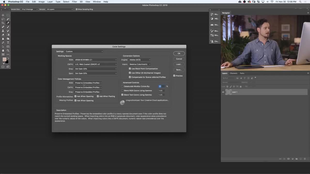 Photoshop Edit menu open with Color Settings dialog box visible