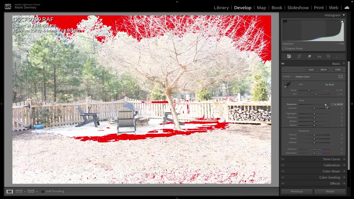 Lightroom panel showing exposure raised with no highlight clipping indicators active