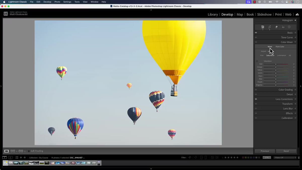 Color Mixer panel open showing Hue, Saturation, Luminance tabs