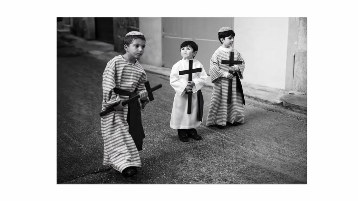 Easter parade photo with boy in white robe as subject