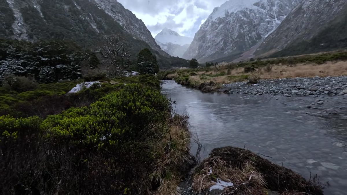 Stream in foreground, green trees mid-frame, snow-capped peak behind