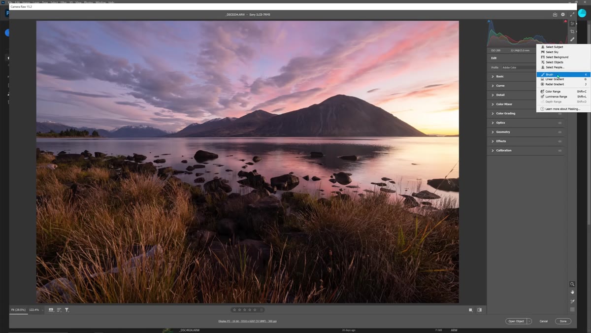 Masking panel open with Adjustment Brush selected in ACR