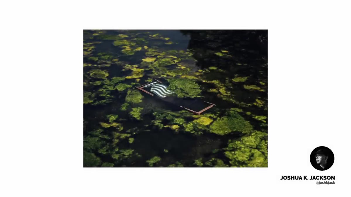 Tucker describing Joshua K. Jackson&rsquo;s image of a deck chair floating in a lake