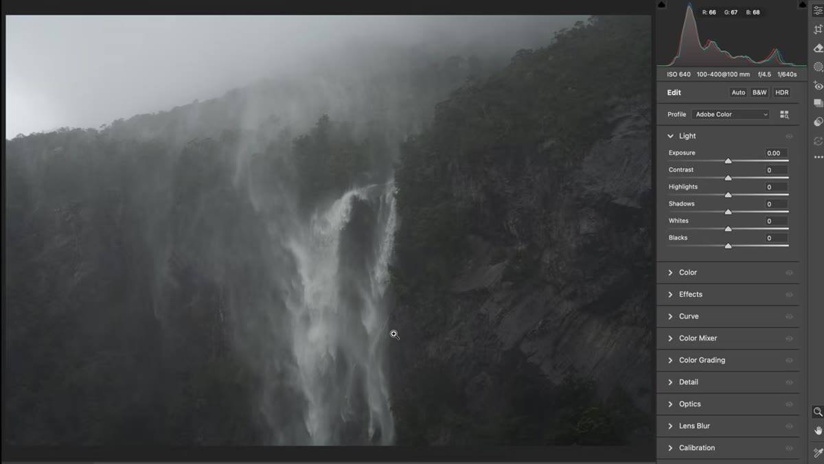 Unprocessed waterfall RAW file showing flat contrast
