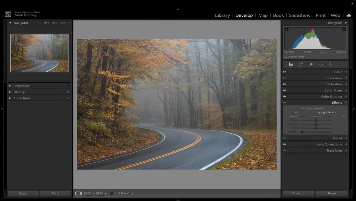 Vignette slider in Effects panel set to minus 15