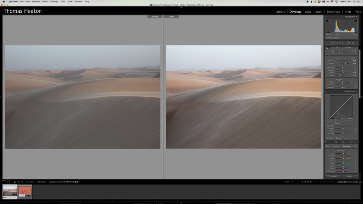 Before and after view displayed side by side in Lightroom