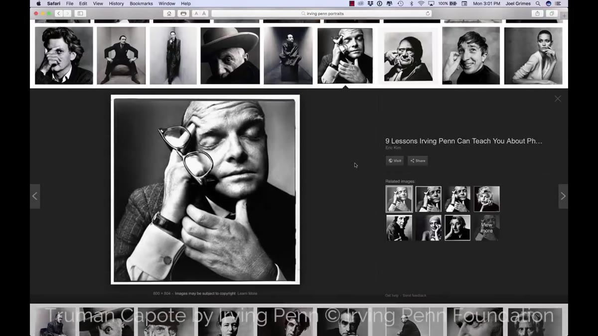 Screen showing Irving Penn portrait photographs