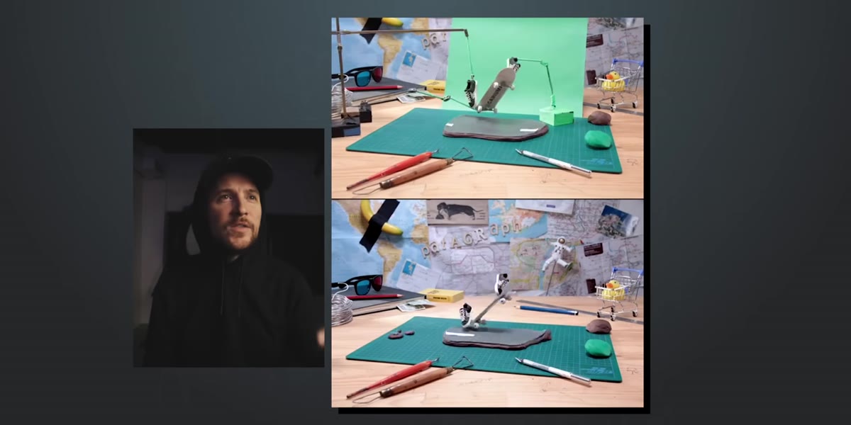 Split screen showing setup above and final shot below