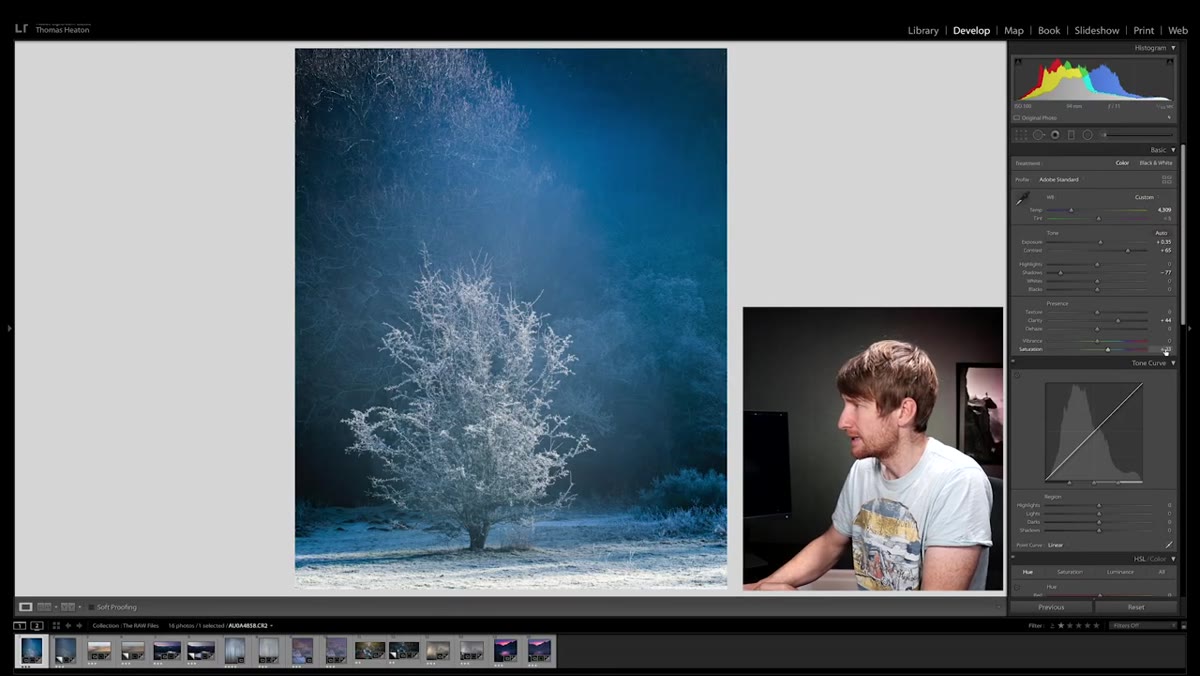 Shadows slider pulled down, contrast increased in basic panel