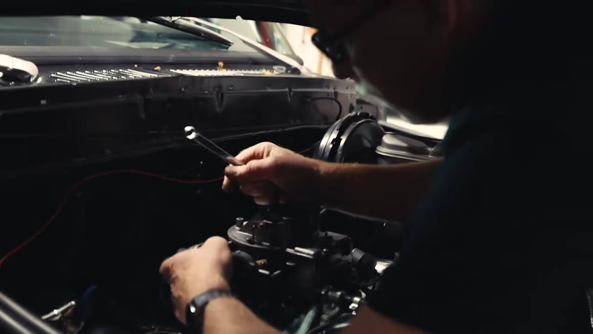 Mechanic pointing to idle circuits on the carburetor