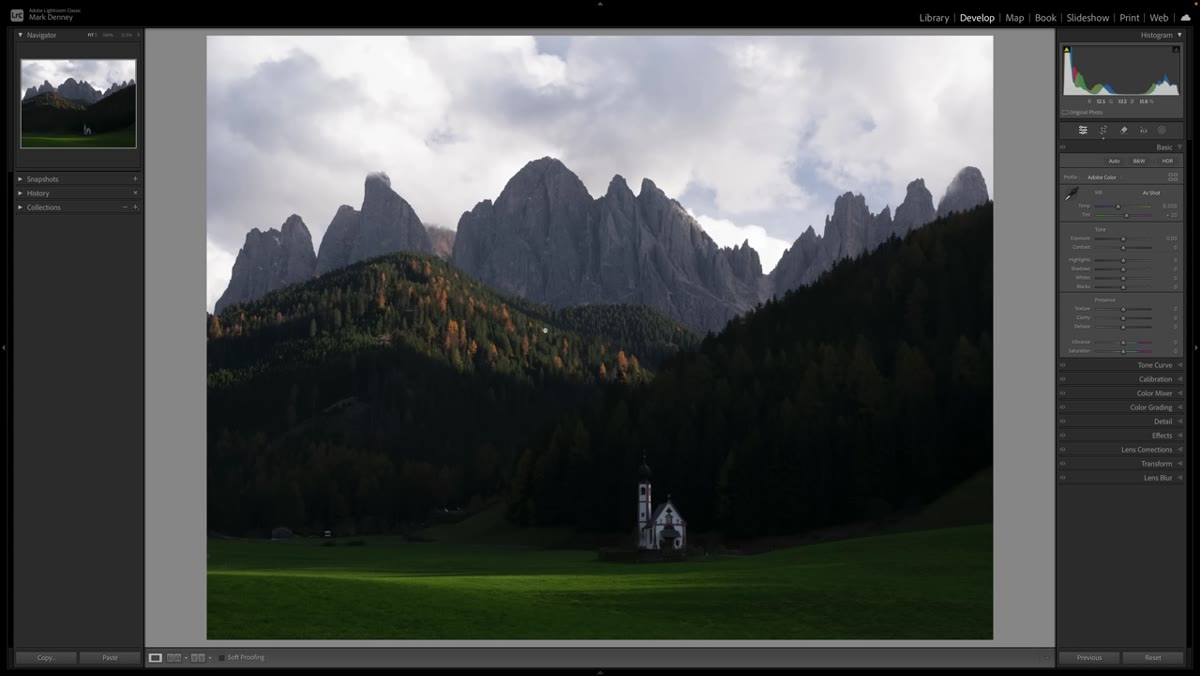 Raw underexposed Dolomites photo open in Lightroom