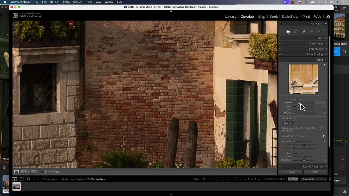 caption: Lightroom Detail panel showing sharpening and masking sliders